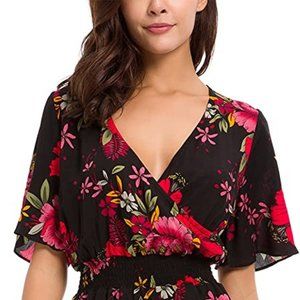 Women's Short Sleeve Floral High Low V-Neck Flowy Party Long Maxi Dress Large